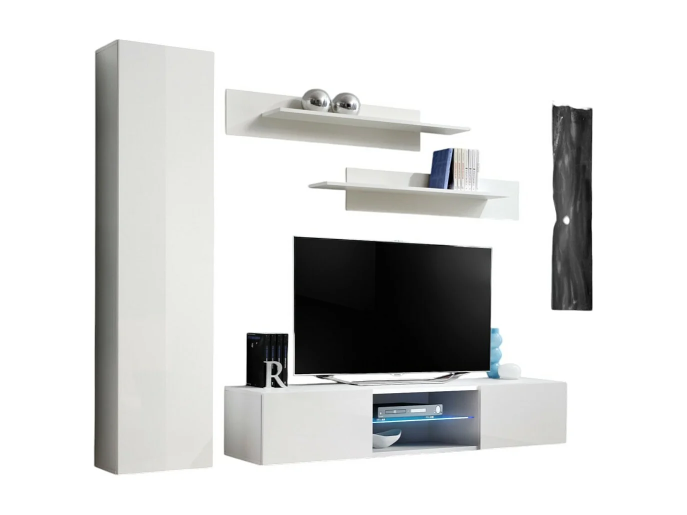 Ensemble Meuble TV FLY R1 avec LED. Coloris blanc. Meuble suspendu design pour votre salon.