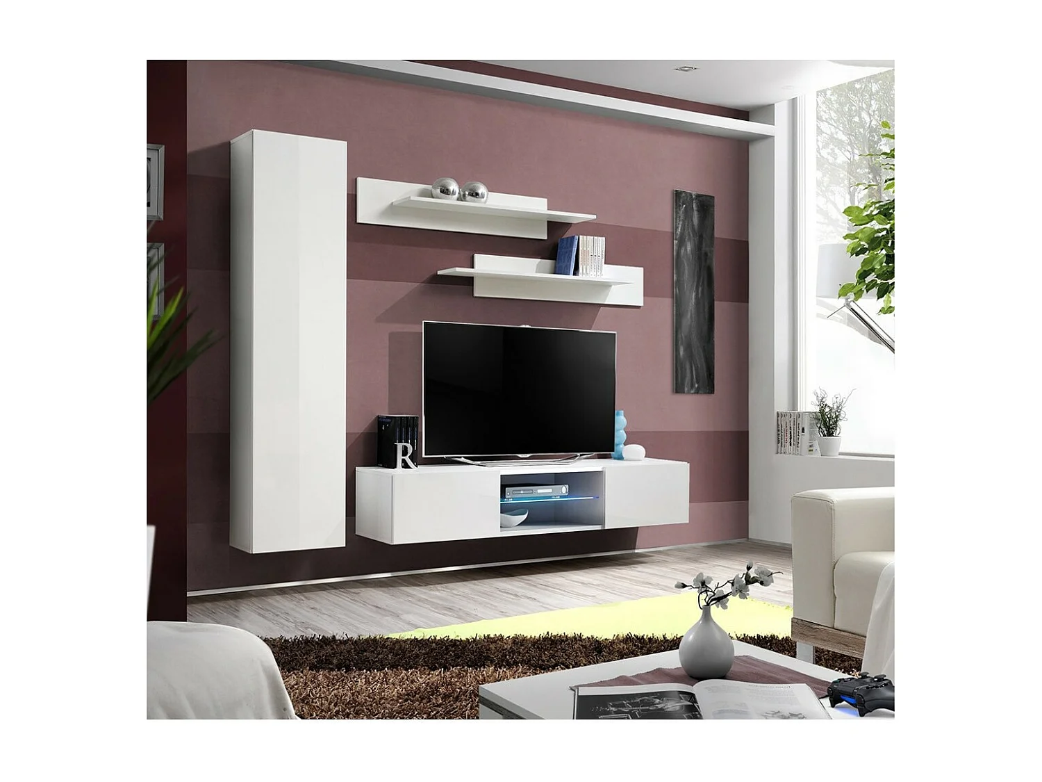Ensemble Meuble TV FLY R1 avec LED. Coloris blanc. Meuble suspendu design pour votre salon.