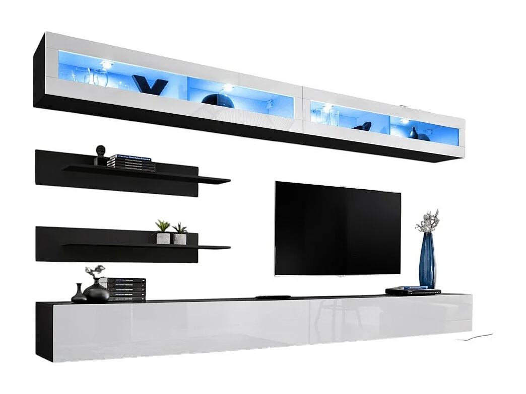 Set di mobili sospesi con LED della collezione FLY. Colori nero e bianco.