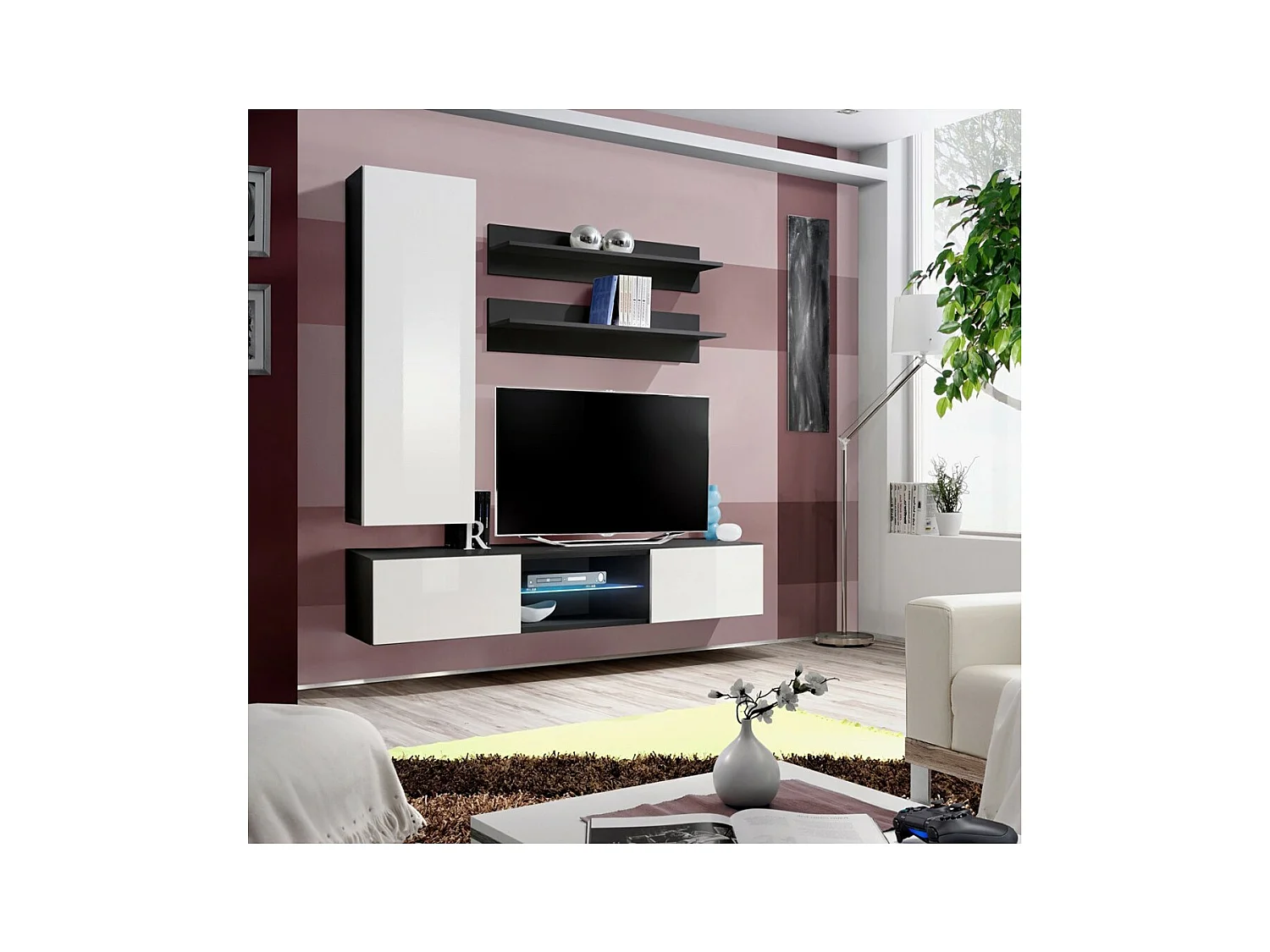 Mobile per TV FLY S1 con LED. Colori nero e bianco. Mobile sospeso di design per il tuo soggiorno.