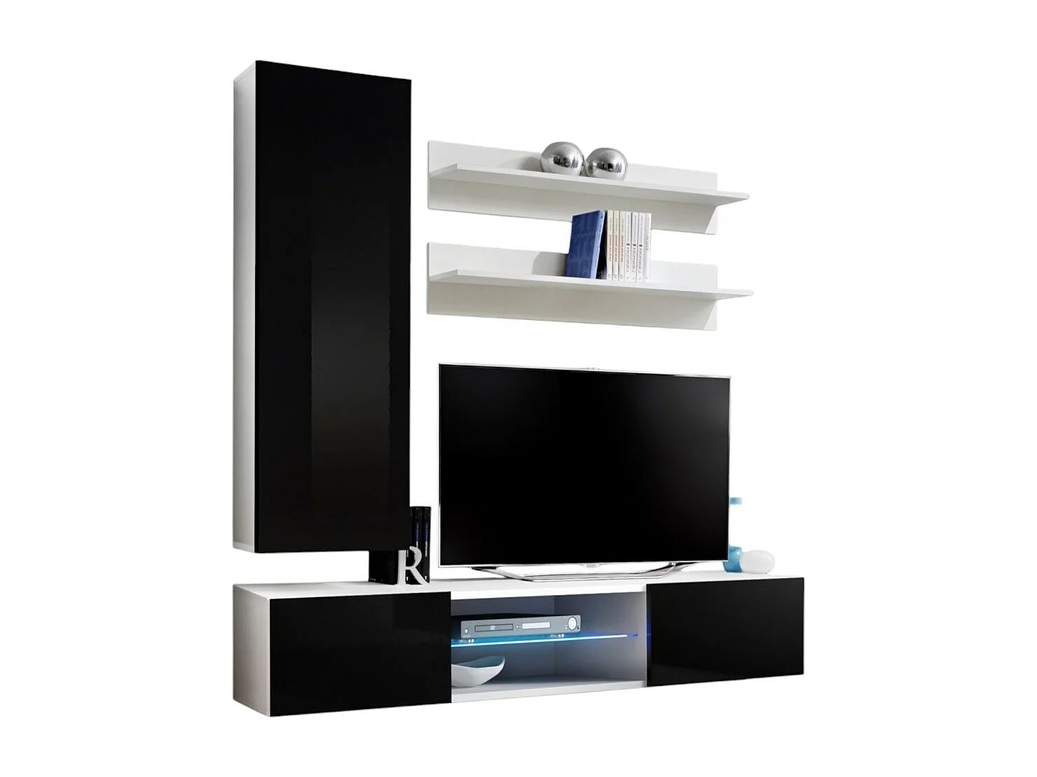 Conjunto Mueble TV FLY S1 – Blanco y Negro – LED integrado – Mueble colgante diseño