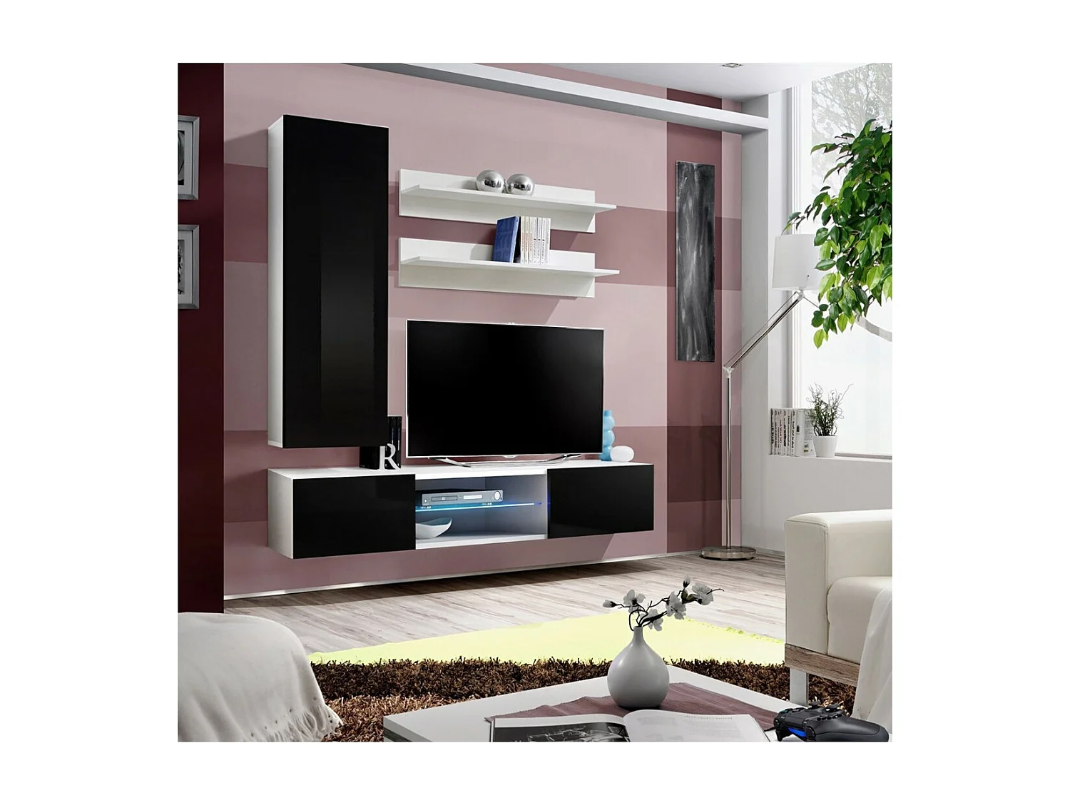 Conjunto Mueble TV FLY S1 – Blanco y Negro – LED integrado – Mueble colgante diseño
