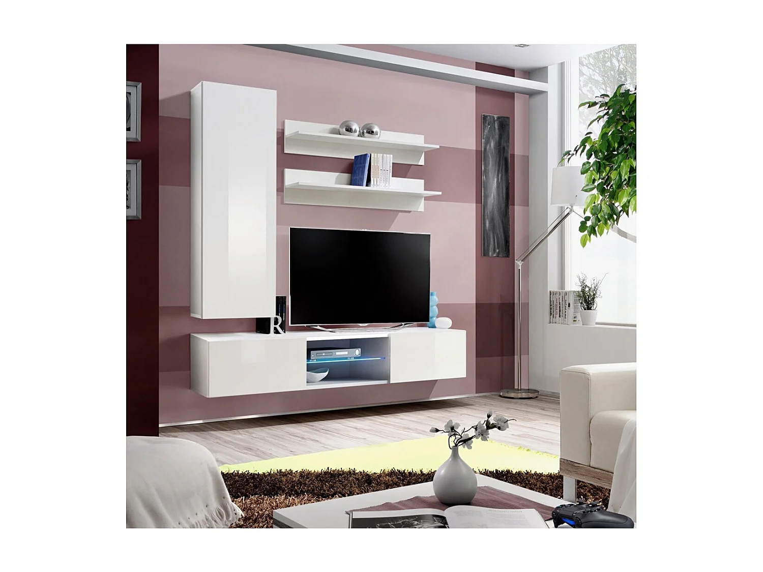 Ensemble Meuble TV FLY S1 avec LED. Coloris blanc. Meuble suspendu design pour votre salon.