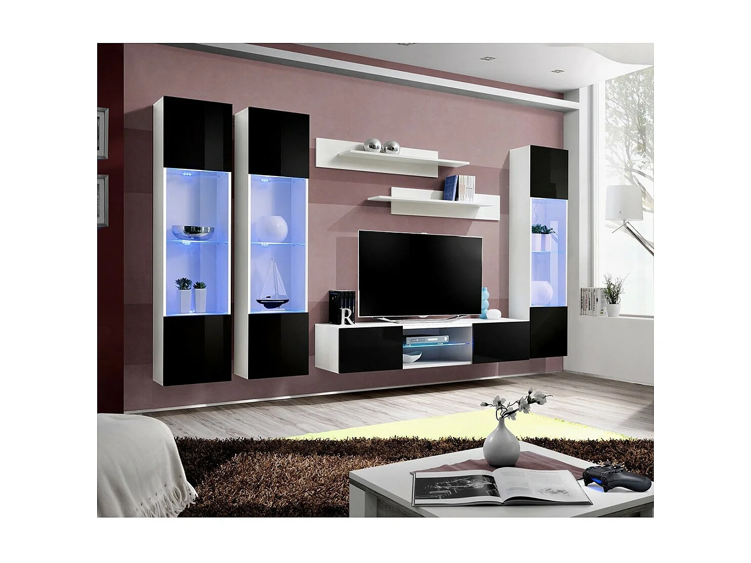 TV-Möbel Set FLY P3 mit LED – Weiß und Schwarz – Hängendes Designermöbel für Ihr Wohnzimmer