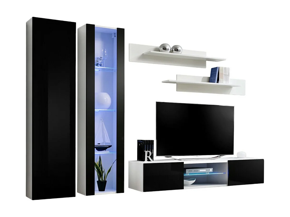 Set TV-meubel FLY O4 – LED – Wit en Zwart – Zwevend designmeubel – Moderne woonkamer