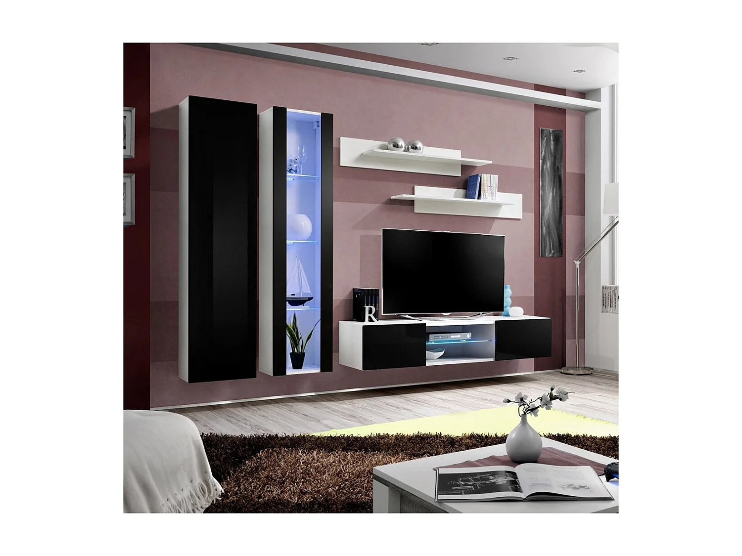 Set TV-meubel FLY O4 – LED – Wit en Zwart – Zwevend designmeubel – Moderne woonkamer