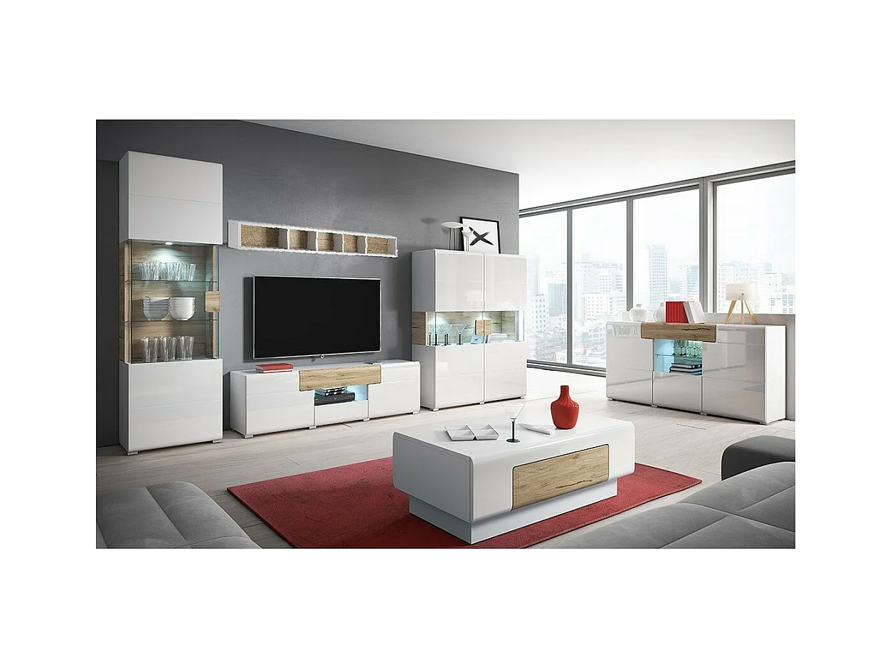 Conjunto completo de 6 móveis para sala de estar, coleção OHIO. Cor branca e efeito carvalho.