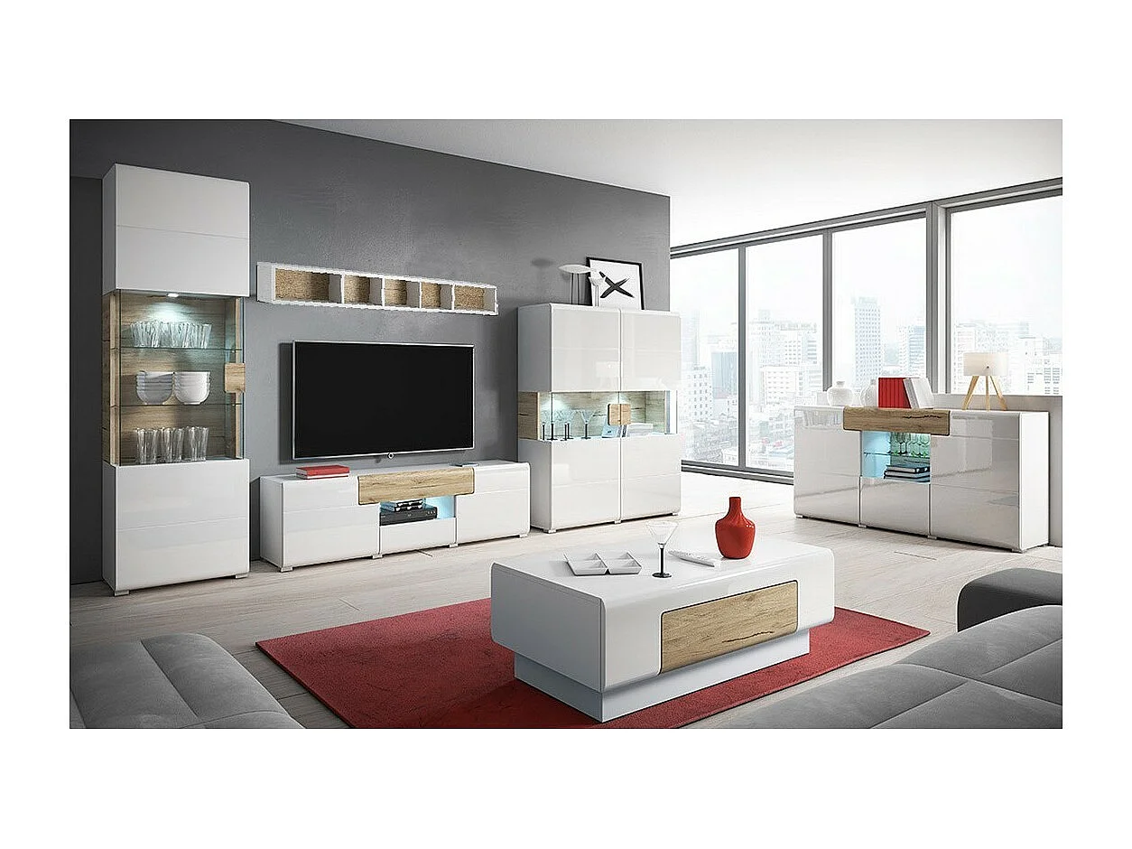 Ensemble complet de 6 meubles de salon collection OHIO. Coloris blanc et effet chêne.