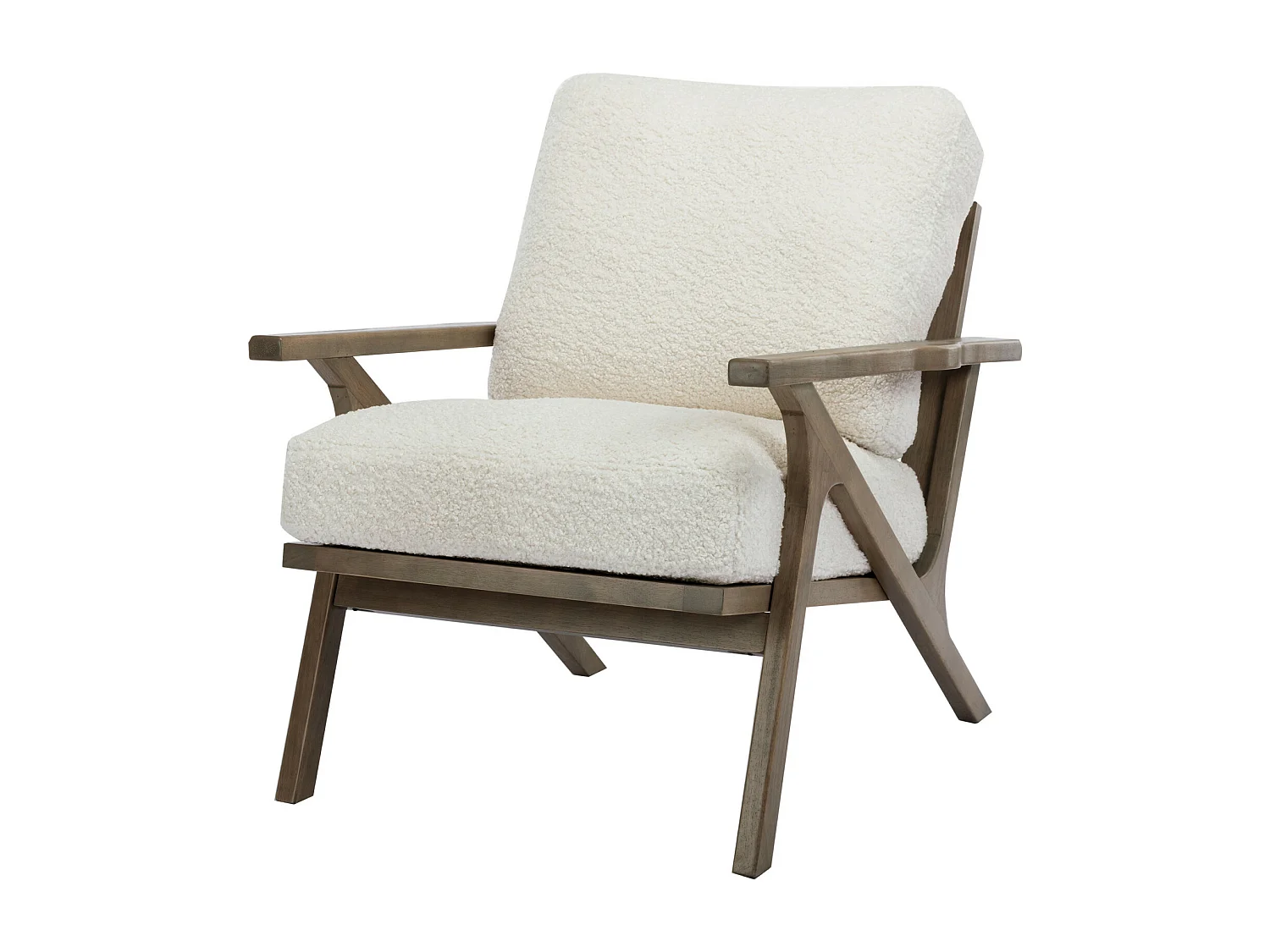 ALAN - Fauteuil lounge en tissu bouclette écru et  bois patiné