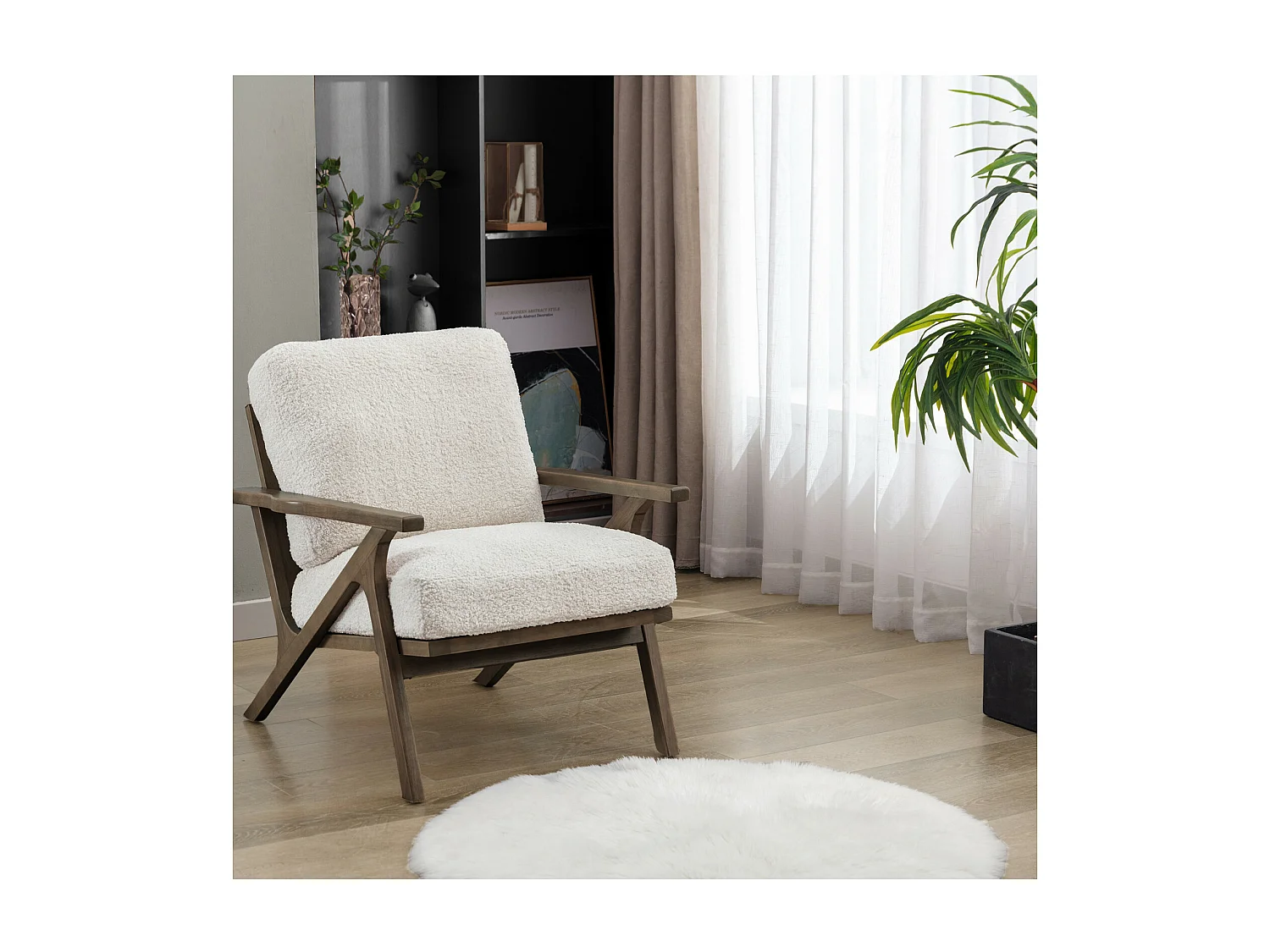 ALAN - Fauteuil lounge en tissu bouclette écru et  bois patiné