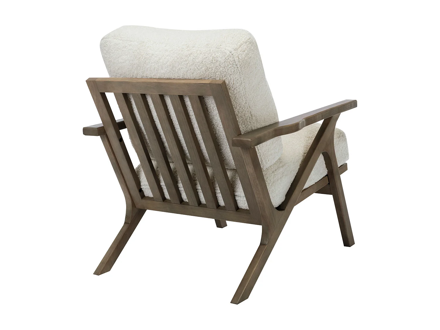 ALAN - Fauteuil lounge en tissu bouclette écru et  bois patiné