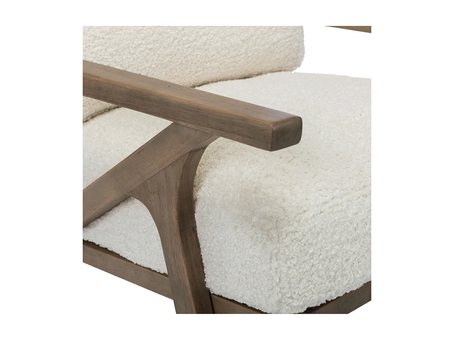 ALAN - Fauteuil lounge en tissu bouclette écru et  bois patiné