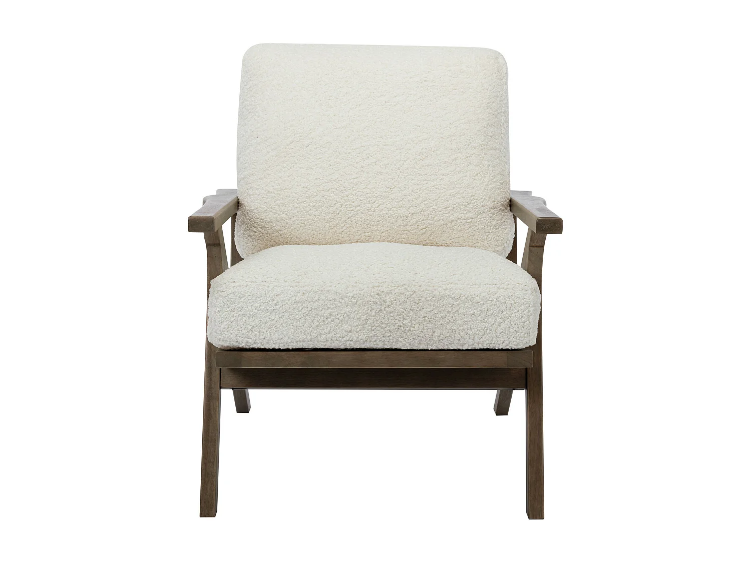 ALAN - Fauteuil lounge en tissu bouclette écru et  bois patiné