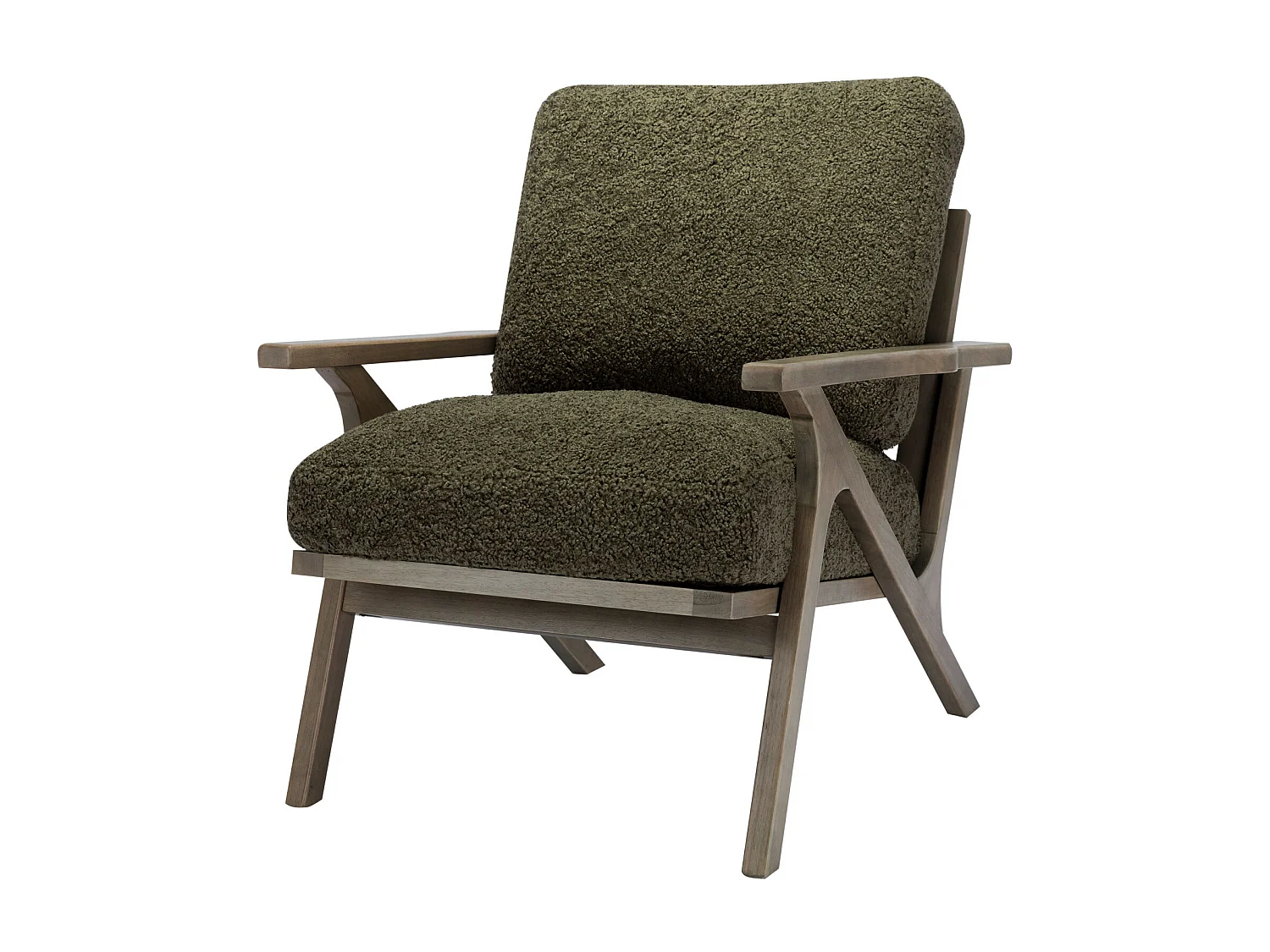 ALAN-Poltrona lounge in tessuto riccio Army e legno patinato