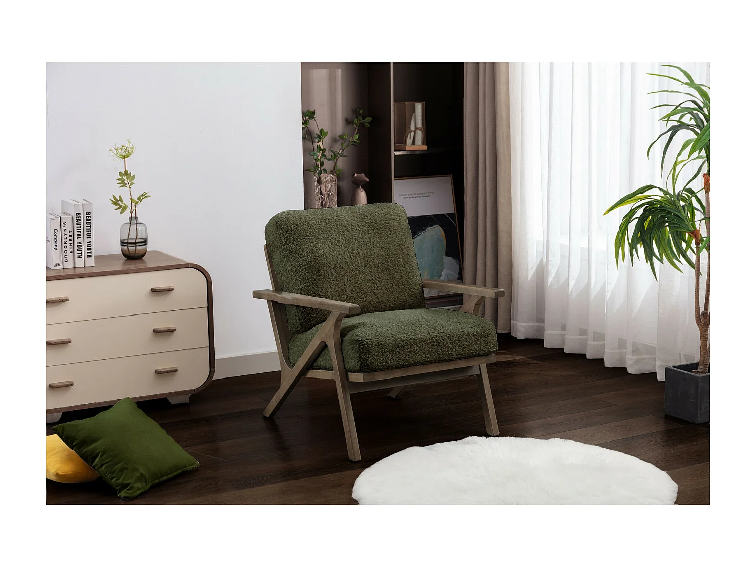 ALAN-Poltrona lounge in tessuto riccio Army e legno patinato