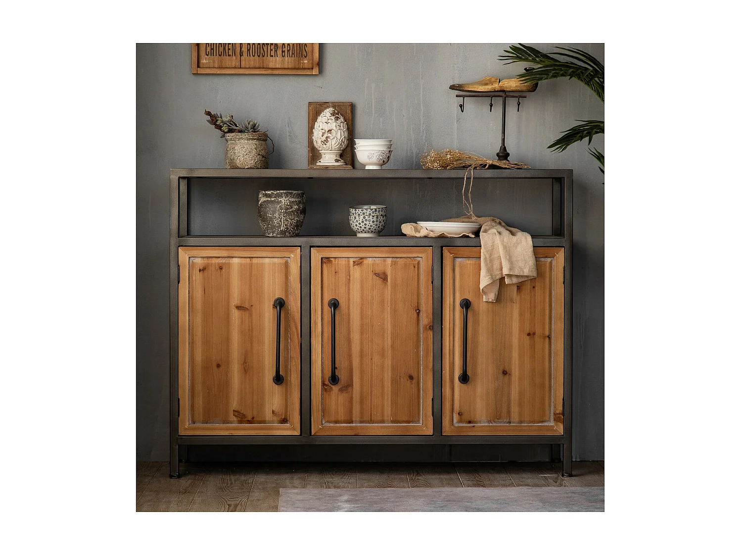 BRUNCH - Buffet en bois de sapin et acier gris anthracite