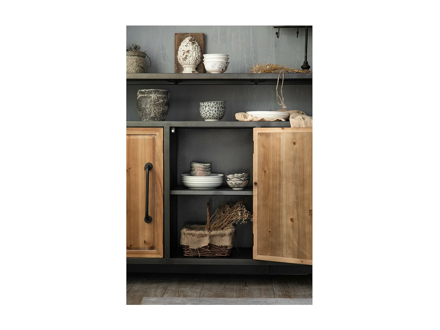 BRUNCH - Buffet en bois de sapin et acier gris anthracite