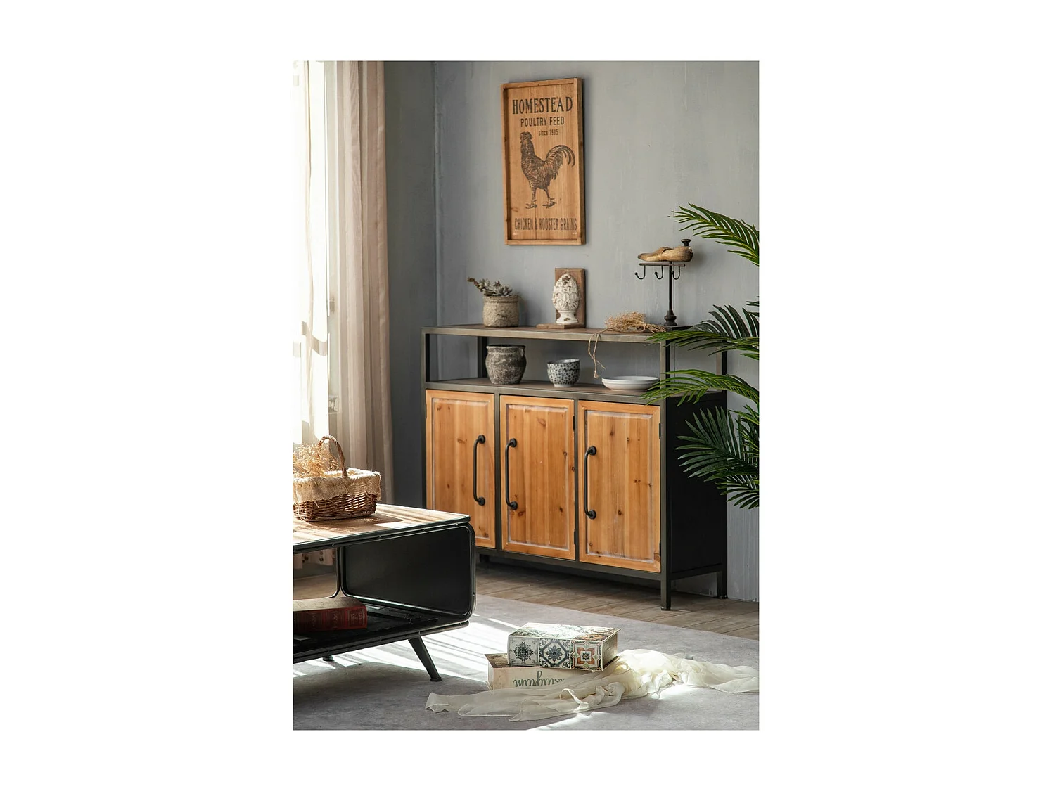 BRUNCH - Buffet en bois de sapin et acier gris anthracite