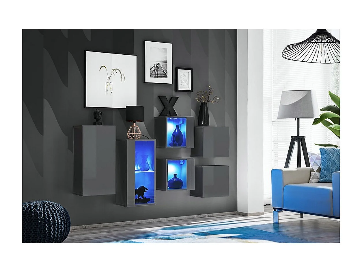 Set di mobili da soggiorno SWITCH SBIV – Grigio lucido – LED integrati & sistema Push to Open