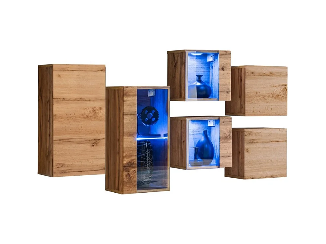 Ensemble meubles de salon SWITCH SBIV design. Coloris chêne. Système LED intégré.
