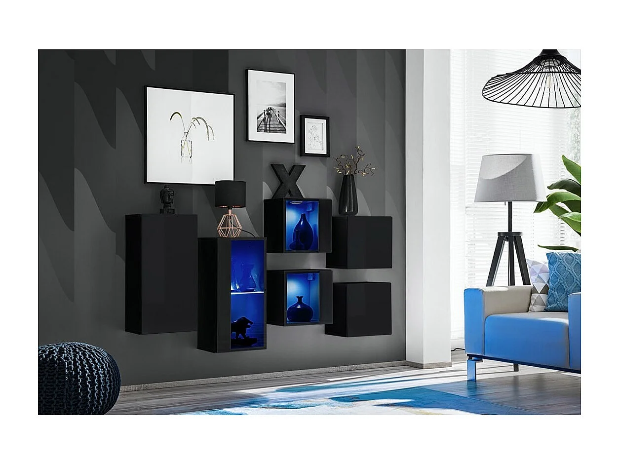 Set di mobili da soggiorno SWITCH SBIV design. Colore nero lucido. Sistema LED integrato.