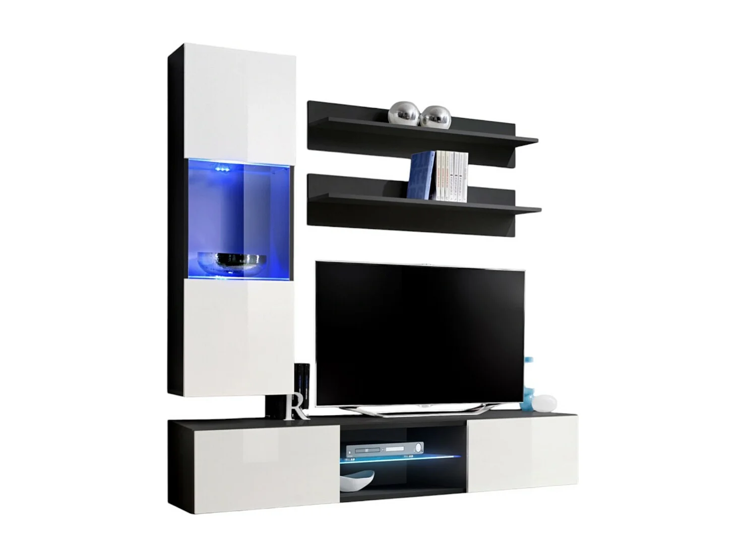 Ensemble Meuble TV FLY S3 avec LED. Coloris noir et blanc. Meuble suspendu design pour votre salon.