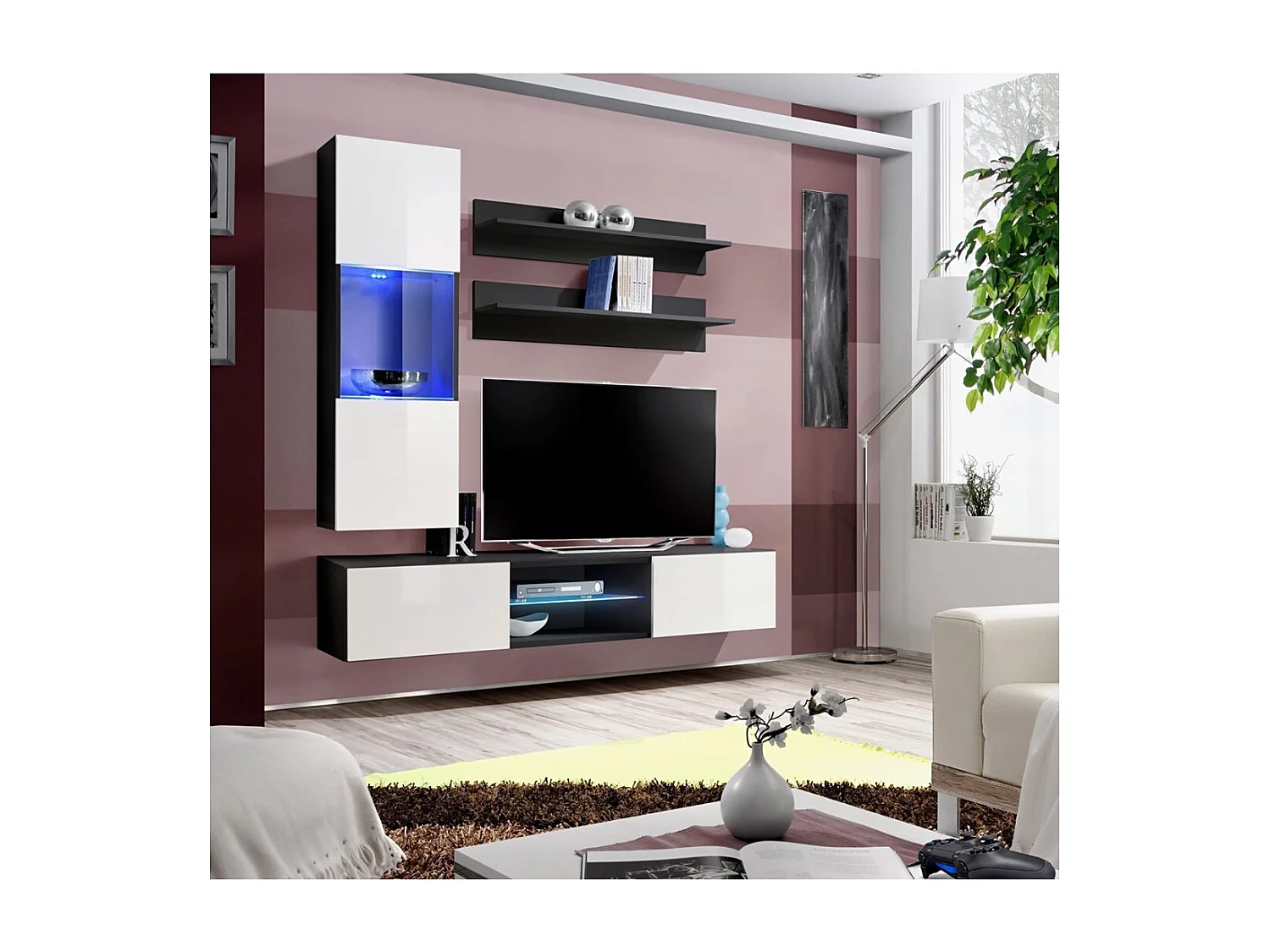 Ensemble Meuble TV FLY S3 avec LED. Coloris noir et blanc. Meuble suspendu design pour votre salon.