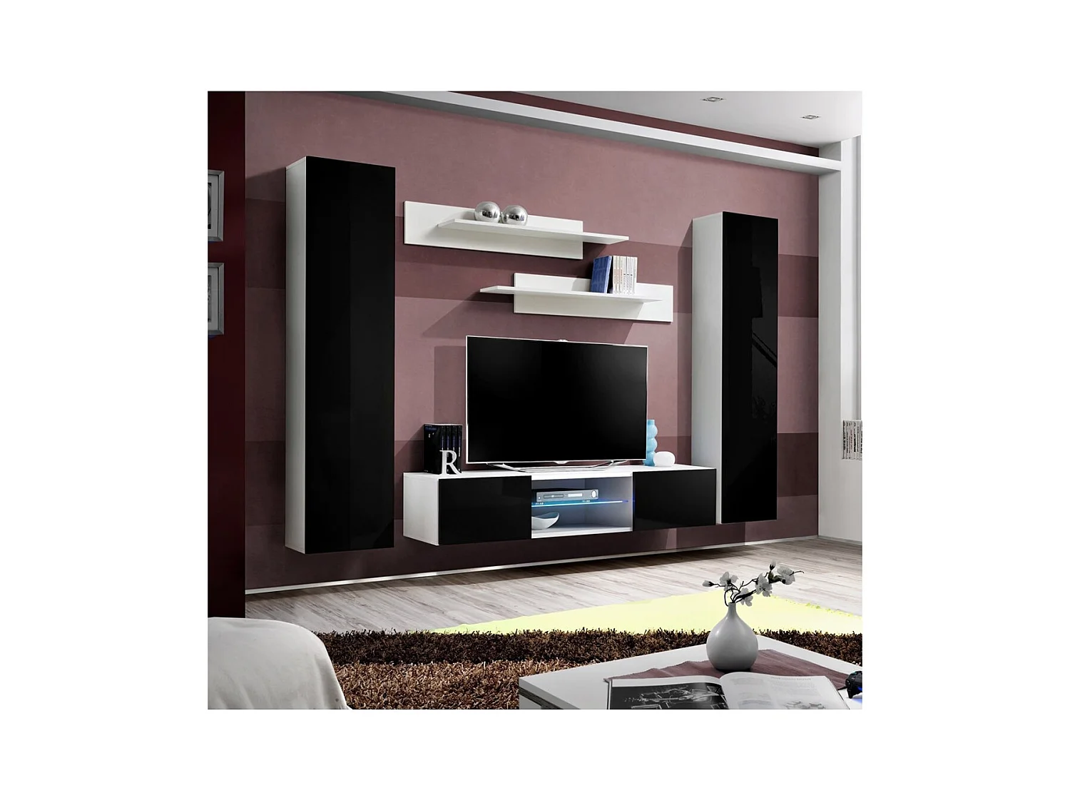 Ensemble Meuble TV FLY O1 avec LED – Blanc et Noir – Meuble suspendu design pour votre salon