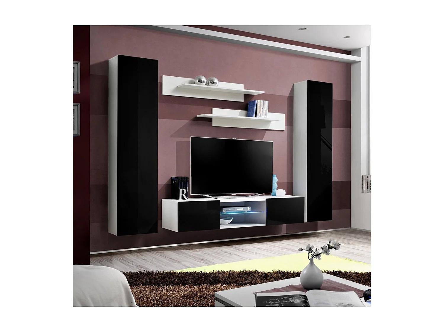 Ensemble Meuble TV FLY O1 avec LED – Blanc et Noir – Meuble suspendu design pour votre salon