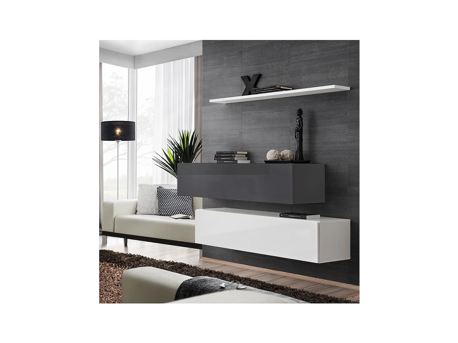 Conjunto de móveis para sala de estar SWITCH SBII design, cor branca e cinza brilhante.