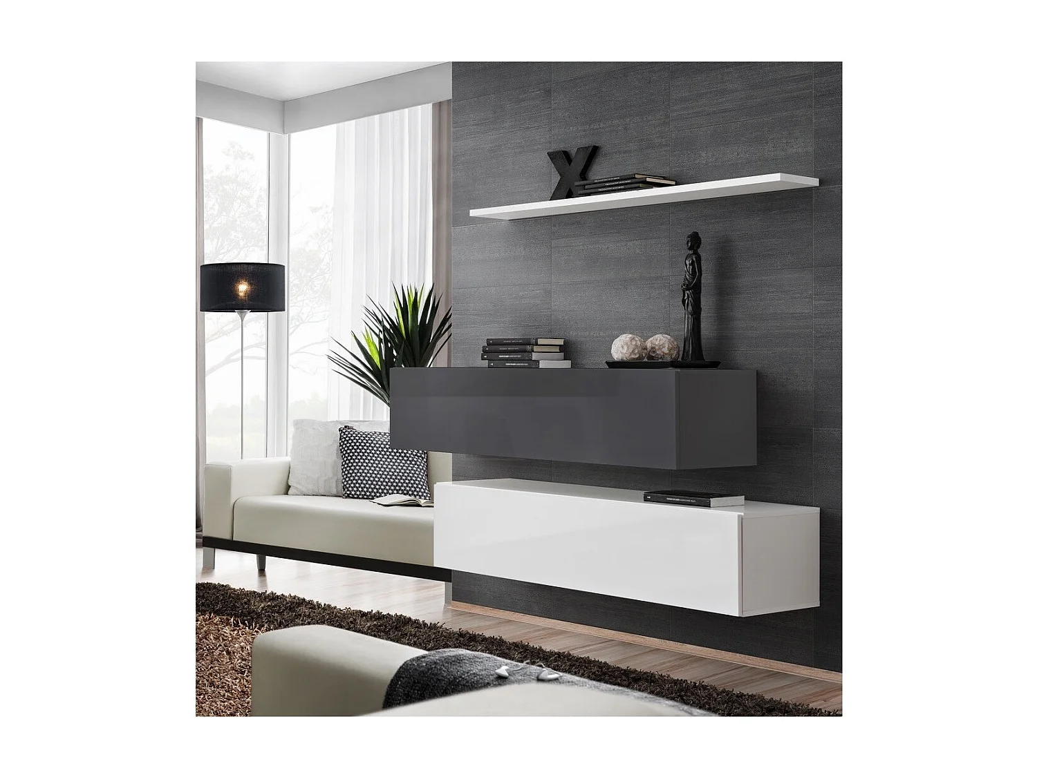 Woonkamerset SWITCH SBII design, in glanzend wit en grijs.