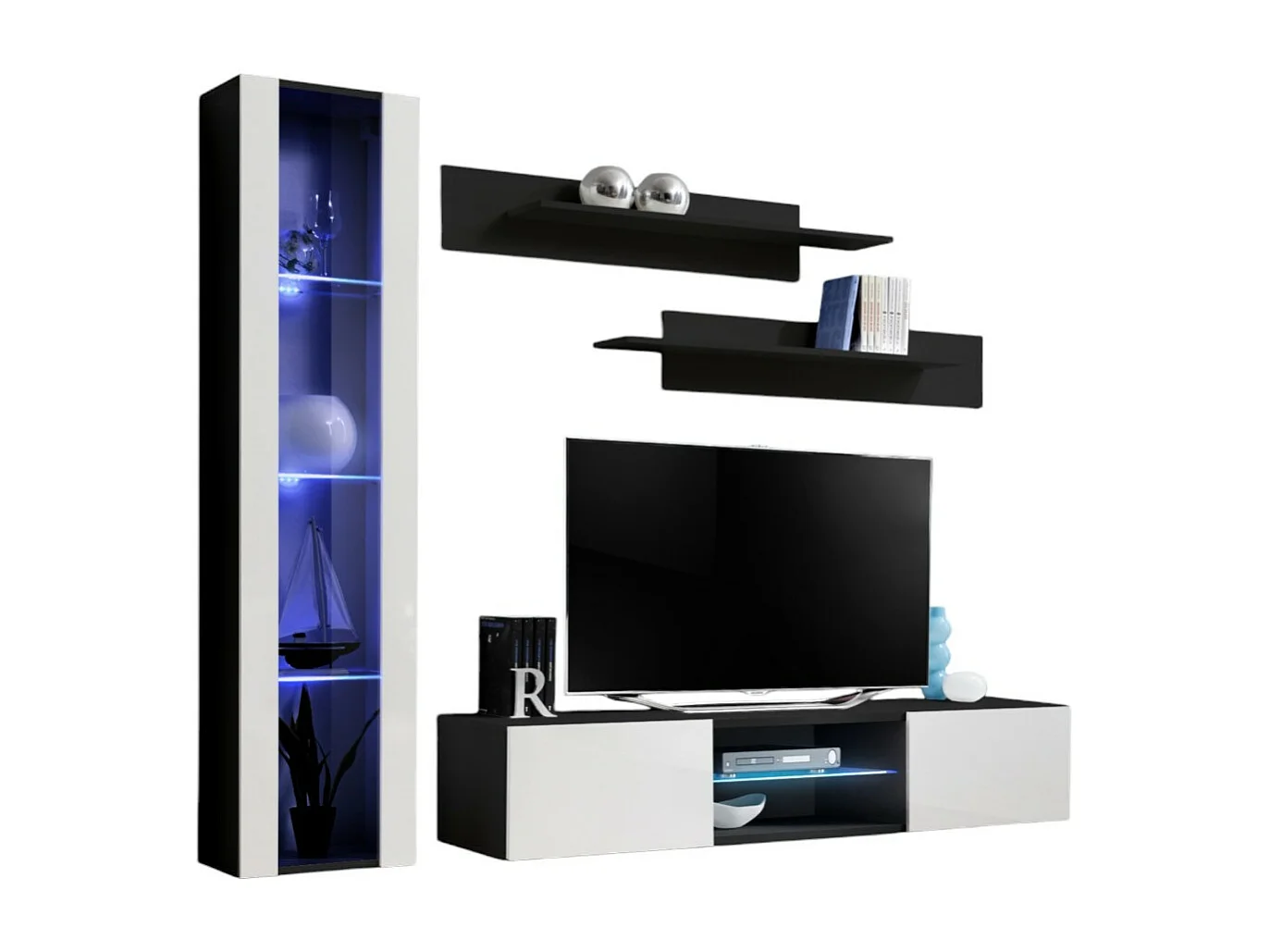 Ensemble Meuble TV FLY R2 avec LED. Coloris noir et blanc. Meuble suspendu design pour votre salon.