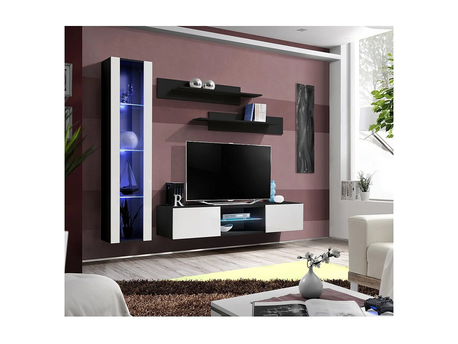 Ensemble Meuble TV FLY R2 avec LED. Coloris noir et blanc. Meuble suspendu design pour votre salon.