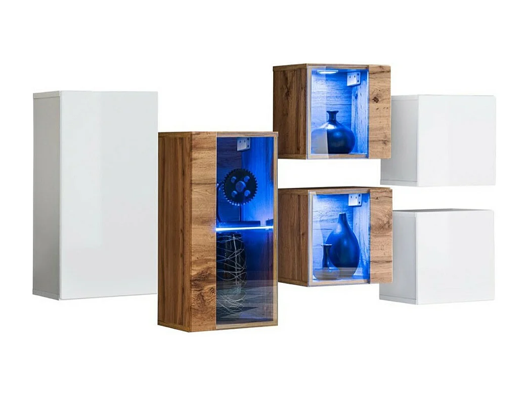 Conjunto de móveis para sala de estar SWITCH SBIV design. Cores carvalho e branco.