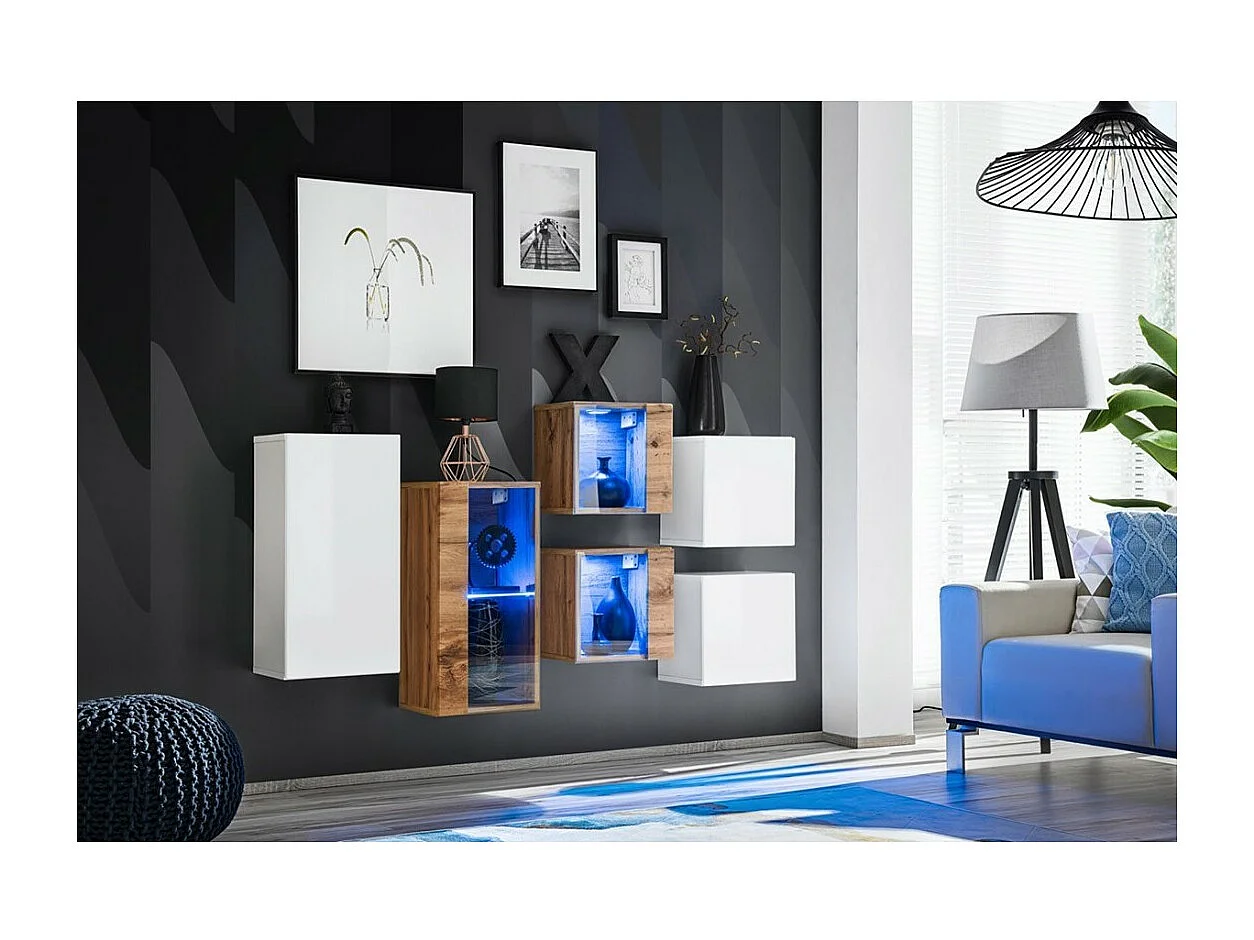 Conjunto de móveis para sala de estar SWITCH SBIV design. Cores carvalho e branco.