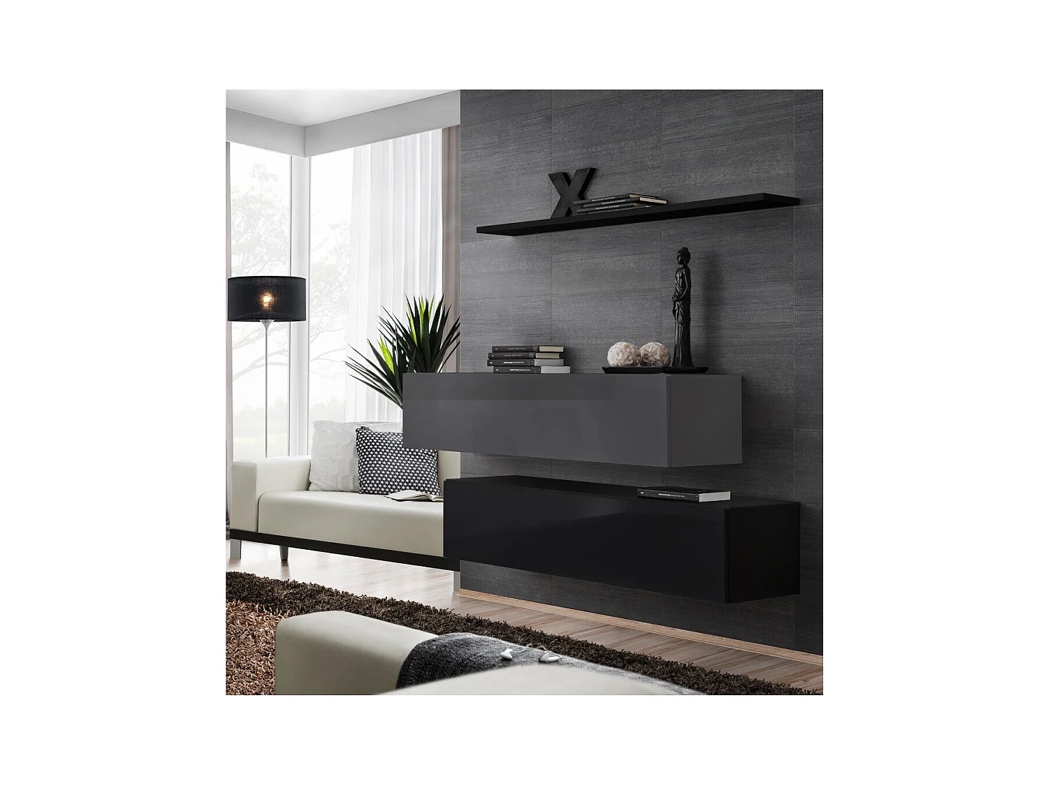 Woonkamer meubelset SWITCH SBII design, in glanzend zwart en grijs.