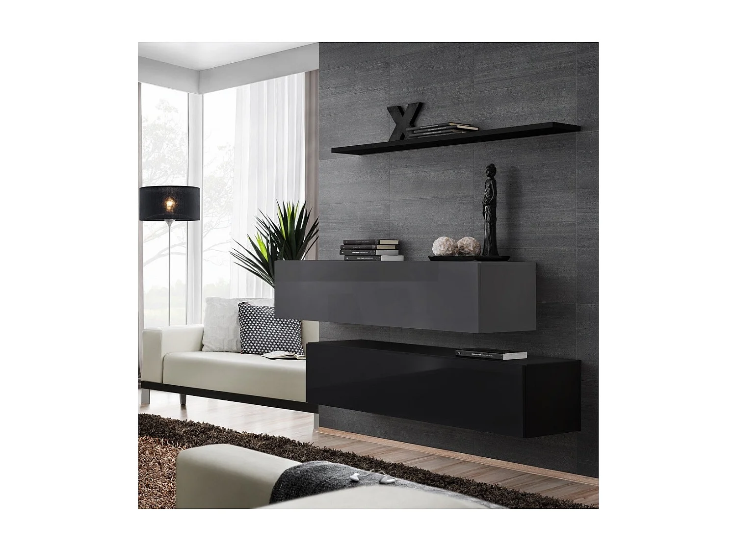 Woonkamer meubelset SWITCH SBII design, in glanzend zwart en grijs.