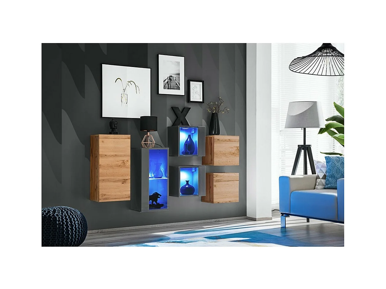 Set woonkamermeubels SWITCH SBIV – Eiken en Grijs – Geïntegreerde LED – Modern ontwerp