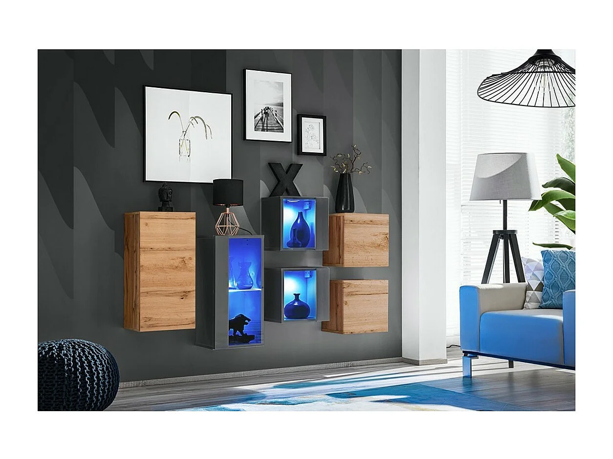 Conjunto de móveis para sala de estar SWITCH SBIV design. Cores carvalho e cinza.