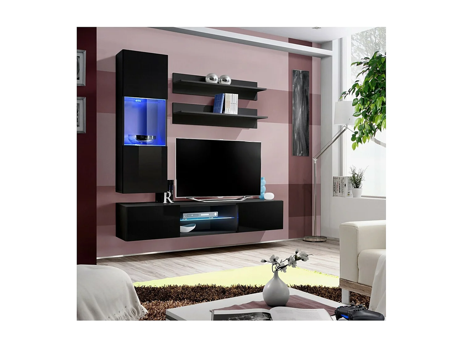 Ensemble Meuble TV FLY S3 – Noir – LED intégré – Meuble suspendu design