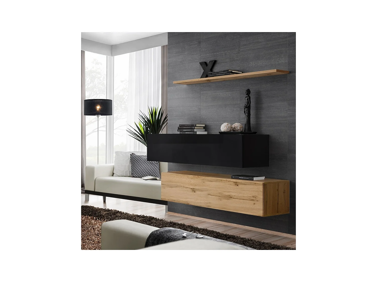 Woonkamer meubelset SWITCH SBII design, in Wotan eiken en glanzend zwart.