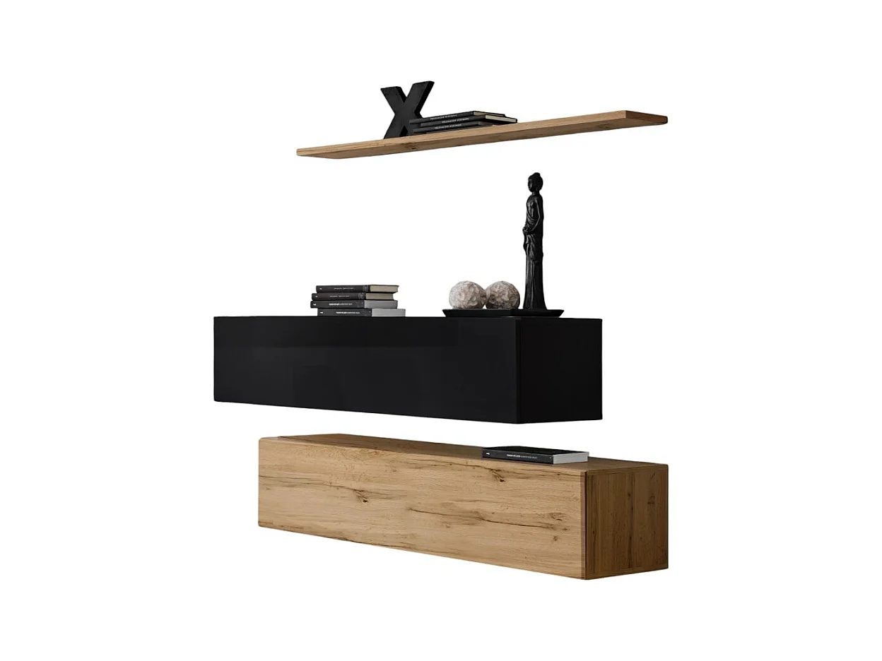 Ensemble meubles de salon SWITCH SBII design, coloris chêne Wotan et noir brillant.