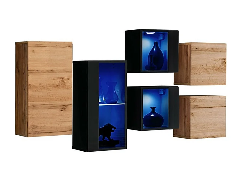 Set woonkamermeubels SWITCH SBIV – Eiken en Zwart – Geïntegreerde LED – Modern ontwerp