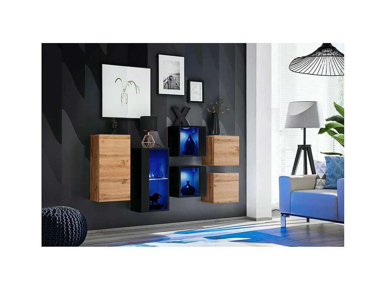 Set woonkamermeubels SWITCH SBIV – Eiken en Zwart – Geïntegreerde LED – Modern ontwerp