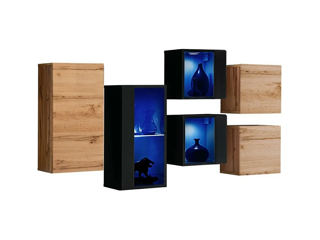 Conjunto de móveis para sala de estar SWITCH SBIV design. Cores carvalho e preto.