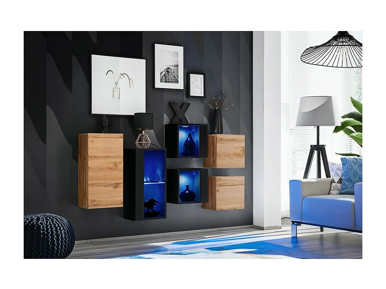 Conjunto de móveis para sala de estar SWITCH SBIV design. Cores carvalho e preto.