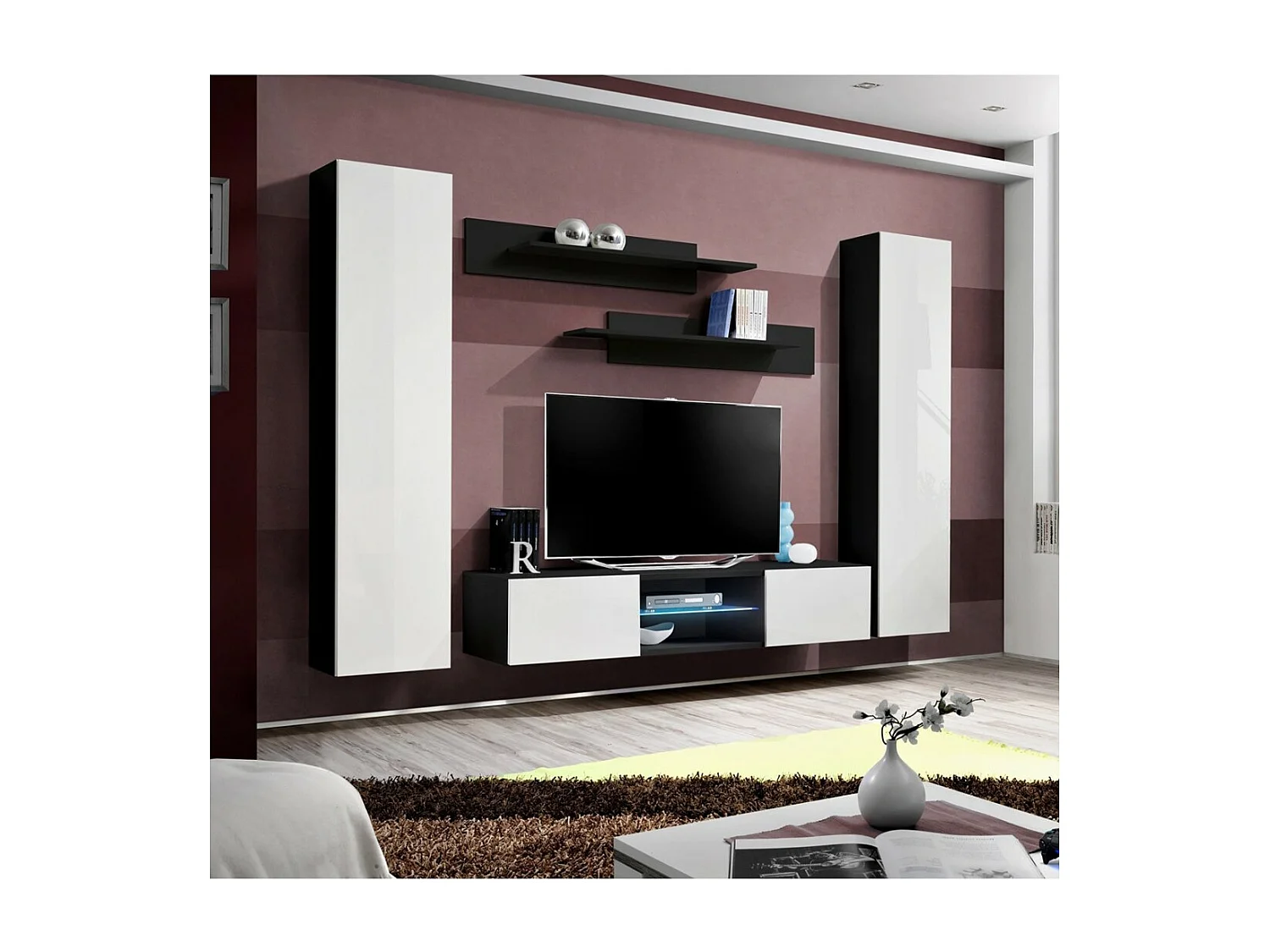 TV-meubelset FLY O1 met LED. Kleuren zwart en wit. Zwevend designmeubel voor uw woonkamer.