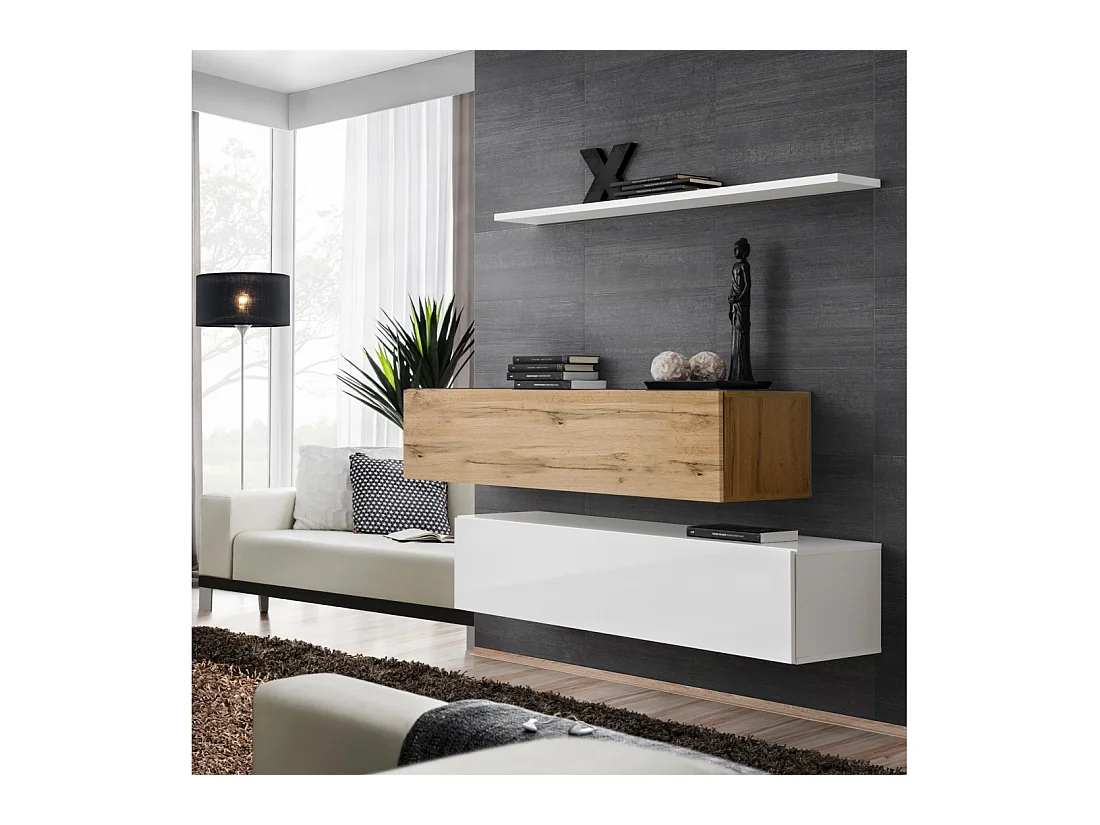 Conjunto de muebles de salón SWITCH SBII de diseño, en color blanco brillante y roble Wotan.