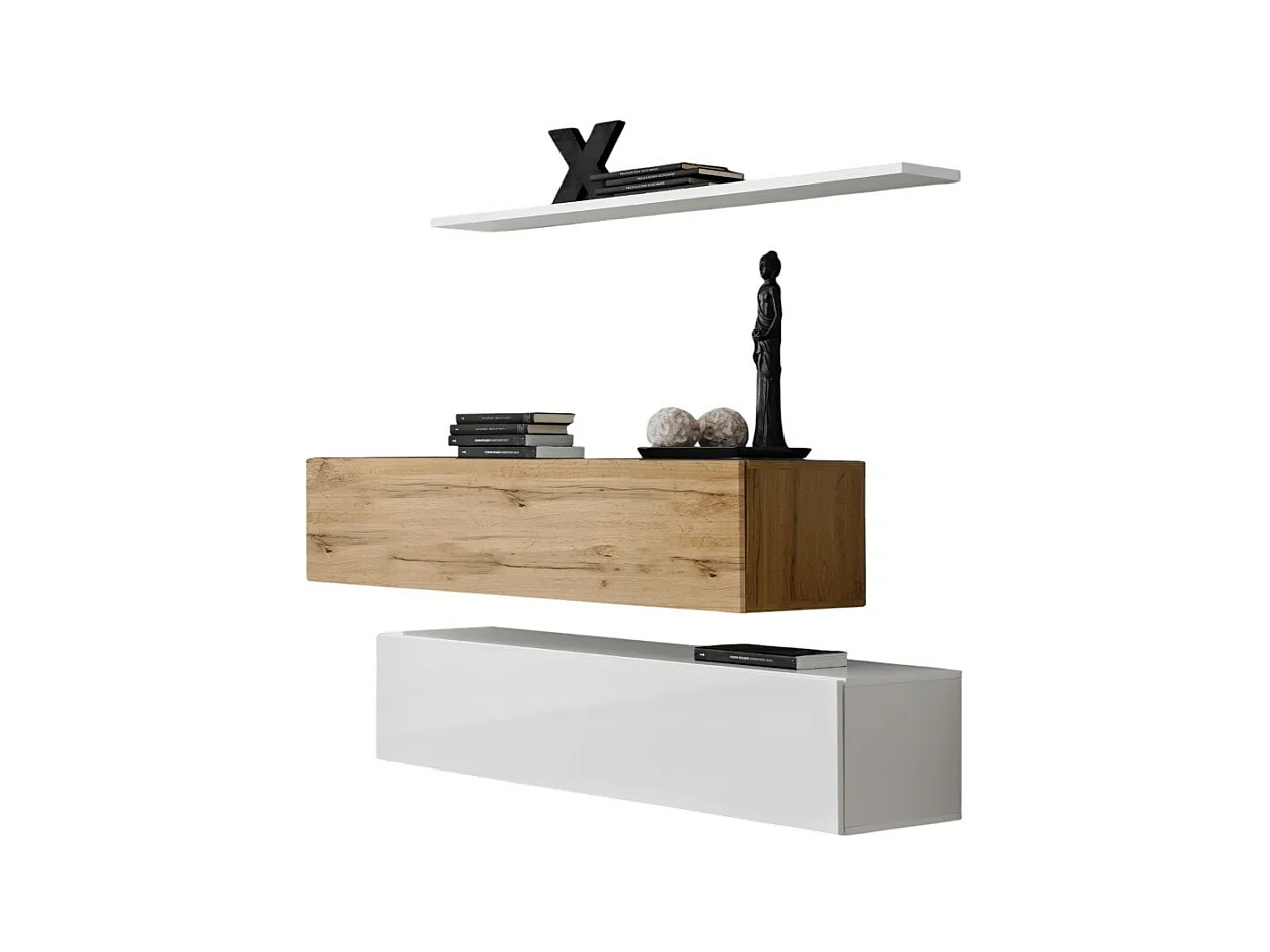 Ensemble meubles de salon SWITCH SBII design, coloris blanc brillant et chêne Wotan.