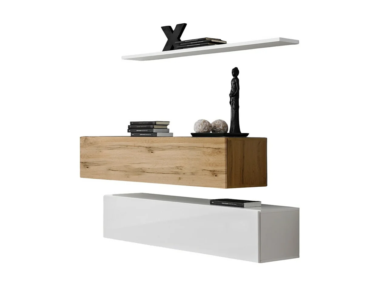 Woonkamer meubelset SWITCH SBII design, in glanzend wit en Wotan eiken kleur.